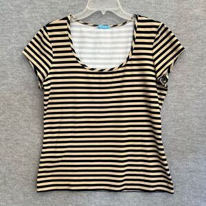 J McLaughlin Catalina Cloth Striped Tee Womens Large Beige Black Preppy Top Crew